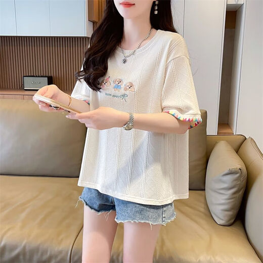 AEMAPE夏装女装刺绣白色短袖T恤女2025新款夏季小个子上衣夏天衣服 KM9277-蓝色 L 建议110-125斤
