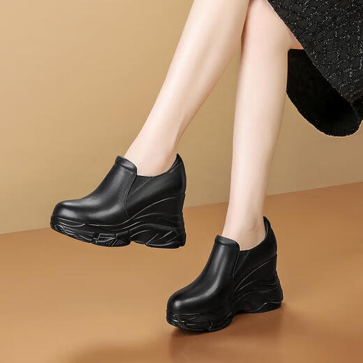 Fanjiang first-layer cowhide small person wedge-heeled genuine leather women's shoes spring and autumn new versatile height-increasing small leather shoes thick-soled deep-mouth single shoes black 36