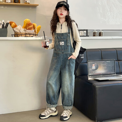 Maidou Xiong Girls Internet Celebrity Overalls Set New Spring and Autumn Clothing Medium and Large Children's Fashionable Denim Overalls Two-piece Set Single-piece Overalls Front Pocket Style 150