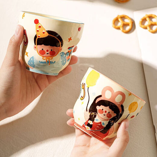 Cartoon gourd cup family of four cute boy and girl high-looking mug coffee cup ceramic underglaze color boy in blue - gourd cup 1 piece 300ml