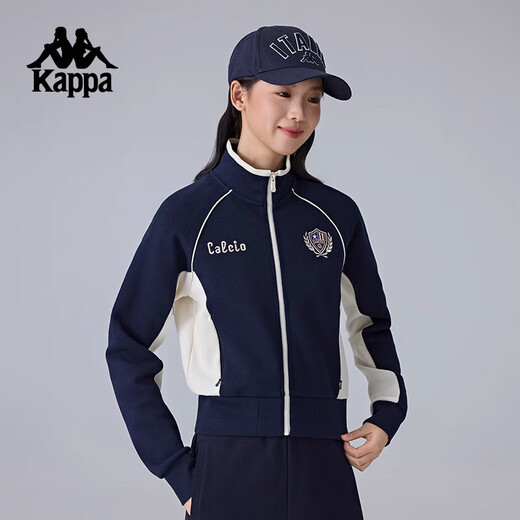 KAPPA卡帕背靠背女款针织运动外套复古休闲开衫夹克撞色立领K0F22WK02 暗夜蓝黑-906 L