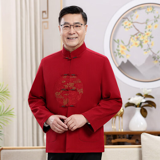 新年新款唐装男老年爷爷奶奶春秋夹克外套中国风本命年高品质套装 藏青色 9230【套装】 L /175【推荐115-135斤】
