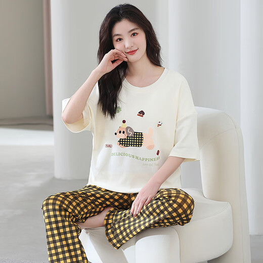 
Year of the Snake Year of the Nation Pajamas Women's Pure Cotton Summer Short Sleeve Trousers Red Loose Outdoor Outdoor Cotton Set YSH-687 L Code 100-120Jin [Jin equals 0.5 kg] Reservation shrinkage required