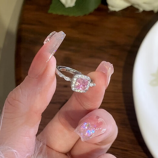 Hua Youxin Persimmon s925 silver ring female pink diamond small sugar cube ring female niche design high-end plain ring ring open index finger ring pink diamond small sugar cube ring