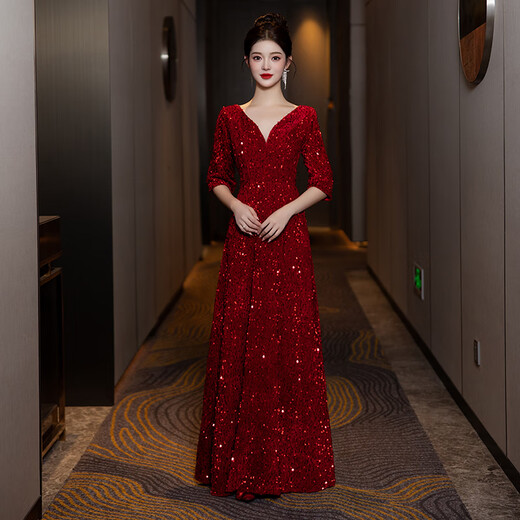 Zhufan annual meeting host clothing female chorus performance clothing host conductor piano performance high-end sequined evening dress red 3XL
