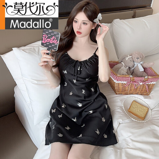 Modal mit Brustpolster integriert schwarze Nachthemd für Frauen im Sommer Ice Seiden sexy reine Schlinge Pyjamas Sommer dünne Heimkleidung 6227-1 Schwarz M 160