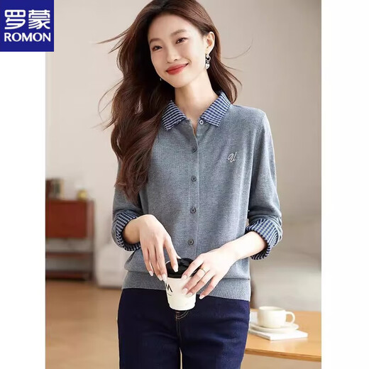 ROMON's design sense niche super nice shirt collar fake two pieces Korean style 2026 spring and autumn new fashion chic and beautiful sweater Navy version (more people choose) XL recommended 113-125Jin Jin equals 0.5 kg
