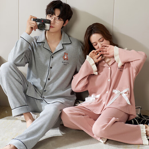 clolv kissCK运动运动情侣睡衣春秋季一男一女两件套华夫格可外穿家居 QH-8110#[华夫格]翻领套装 M 女+男L