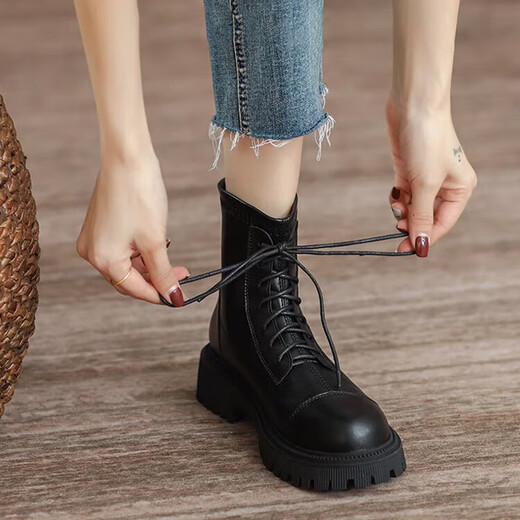 Hao'es schwarze Martin-Stiefel für den Frühlings- und Herbst der Frauen, neue schlanke trendige Ins coole britische Retro-Stiefel mit Dickdickstiefeln vielseitige Kurzstiefel schwarz 38 [Fersenhöhe 4,5 cm]