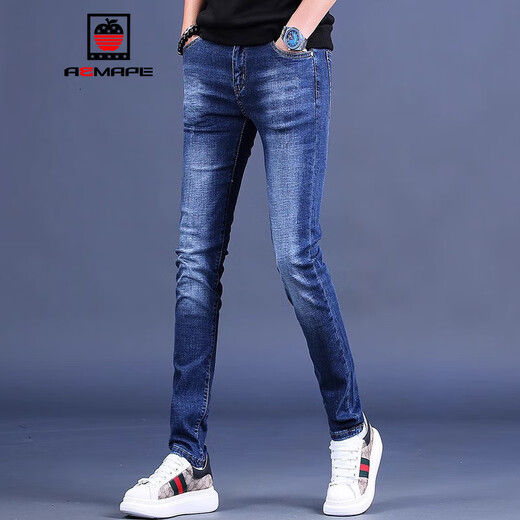 
AEMAPE 2024 new summer jeans men's trendy brand slim feet trendy Korean style stretch men's casual long trousers 9903 blue 33