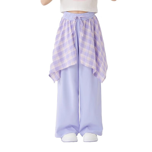 moonkids girls wide-leg pants ice silk pants 2025 summer new children's butt curtain casual mosquito-repellent pants girls big children's summer suit two-piece set [15090 wide-leg pants + 9889 short-sleeved] 120 cm