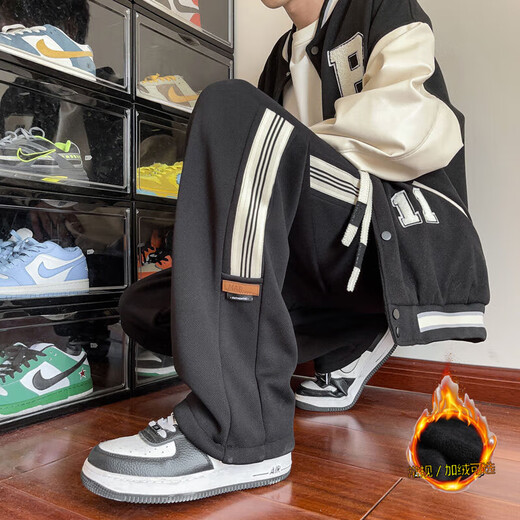 Katuchi American style velvet thickened striped casual pants for men in autumn and winter loose trendy straight wide-leg sports sanitary trousers beige-velvet XL recommended 130-150Jin Jin equals 0.5 kg