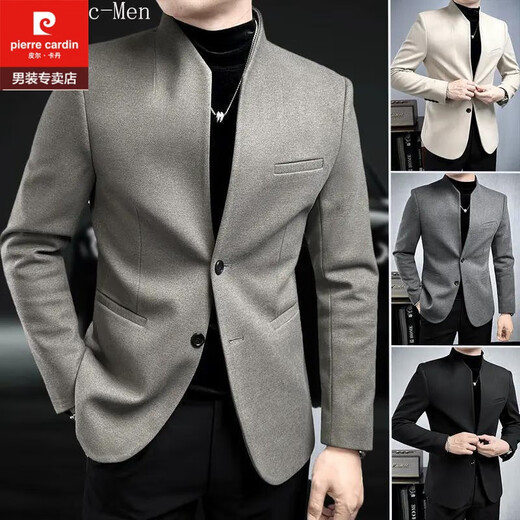 Pierre Cardin improved tunic men's suit spring and autumn new casual woolen stand collar Chinese casual suit men's black 2XL