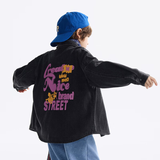 MQD (MQD) MQD children's clothing children's shirt spring new lapel long-sleeved washed denim shirt fashion printed top carbon black 150