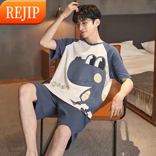 REJIP男士睡衣短袖春夏天季薄款卡通青少年可外穿男款加大码家居服套装 6621 L 100-135斤