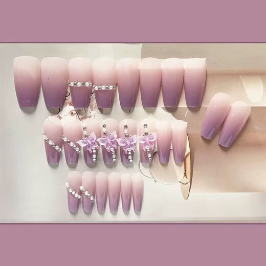 Lila Schmetterling trägt langen Maniküre-Stil weiße und verlängerte handförmige falsche Nagelflecken fertige Nagelflecken Nagelflecken L15281 Mond Schmetterling [kostenloses Werkzeugkit 5 Teile Set Set