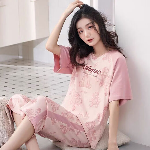 
Roasted summer polyester cotton pajamas for women in summer short-sleeved cropped pants set loose spring and summer short-sleeved cropped pants 679 M Recommended 80-98 Jin [Jin equals 0.5 kg] to wear