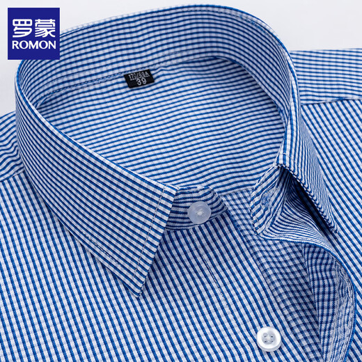 罗蒙（ROMON）男士长袖衬衫四季款商务休闲格子衬衣职业工装免烫寸衫男装上衣 6627灰蓝细格 39