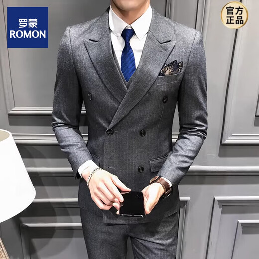 ROMON suit men's British slim double-breasted suit three-piece brushed striped business formal work clothes double-breasted gray (suit + vest + trousers) 3XL