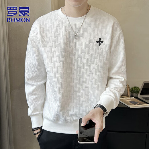 ROMON sweatshirt men's autumn and winter casual long-sleeved T-shirt men's bottoming shirt versatile top men's clothing white XL