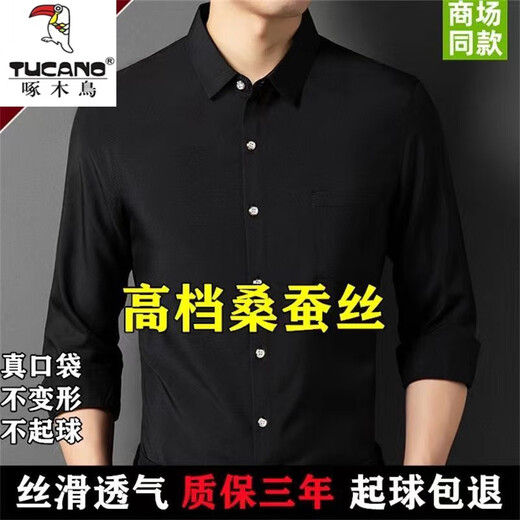 啄木鸟抗皱100桑蚕丝衬衫长袖男2025春秋季薄款弹力真丝免烫衬衣男 孔蓝9901 配色纽扣版 L 170【100-120斤】