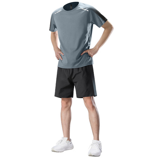 艾伦伯顿运动套装男速干衣夏季跑步短袖健身衣服冰丝t恤短裤羽毛球训练服 灰色【冰丝 速干 运动】 2XL 【145-160斤】