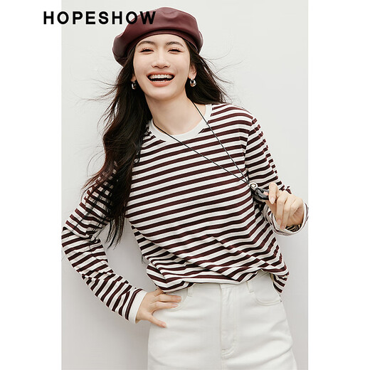 Camiseta de rayas de estilo rojo Mangas Spring 2025 New Women's Clothing Textura redonda de cuello redondo suelto y versátil Top de caramelo Slim 723 m