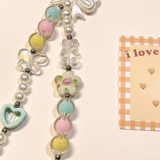 Beiyipin's new mobile phone ornament, fresh love bow, beads bracelet ins style mobile phone accessories, wristband, ornament chain, anti-lost and anti-lost mobile phone chain

