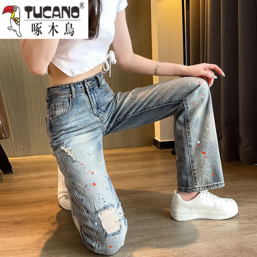 Woodpecker Ripped Wide Leg Jeans Women's American Retro 2025 Summer New High Waist Loose Slim and Narrow Edition Straight Pants Light Color (EFOLONG) 9720 M Recommended 95-105Jin [Jin equals 0.5 kg]