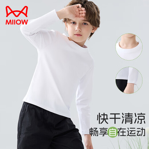 Catman children's T-shirt for boys and girls, autumn and winter round neck pure cotton white T-shirt for medium and large children, casual and versatile long sleeves