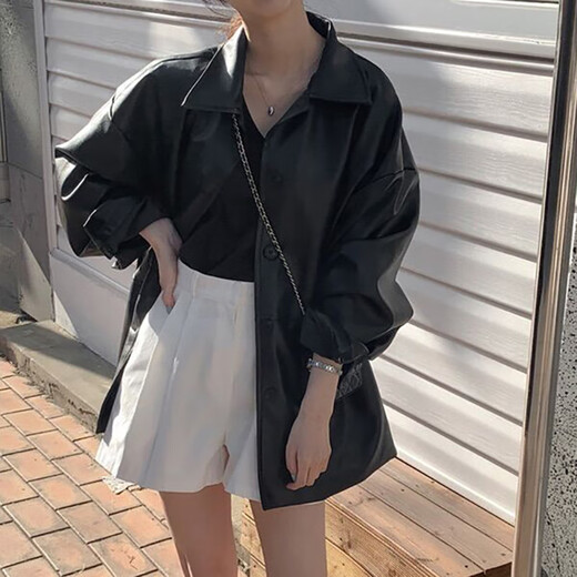 天丂韩式黑色皮衣衬衫女早春宽松百搭仿皮衣夹克外套设计感polo领上衣 黑色M【建议105斤以下】