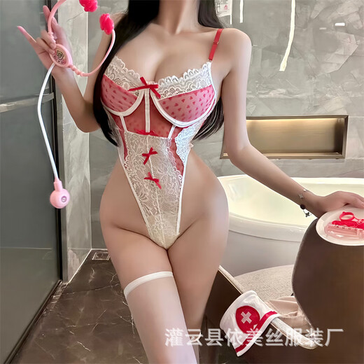 鲜橙曼欲纯欲护士制服蕾丝蝴蝶结心型透视连体衣性感套装9276 红色连体衣+发箍白网袜 S码80-100斤