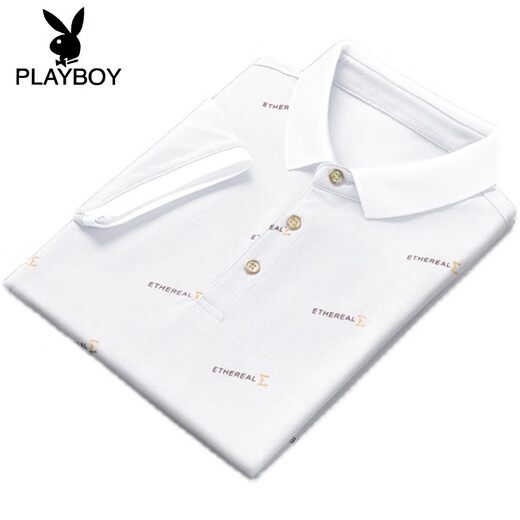 花花公子（PLAYBOY）新款夏季翻领男士短袖t恤休闲POLO保罗衫男装带领子半袖冰丝 白色 QY679 M