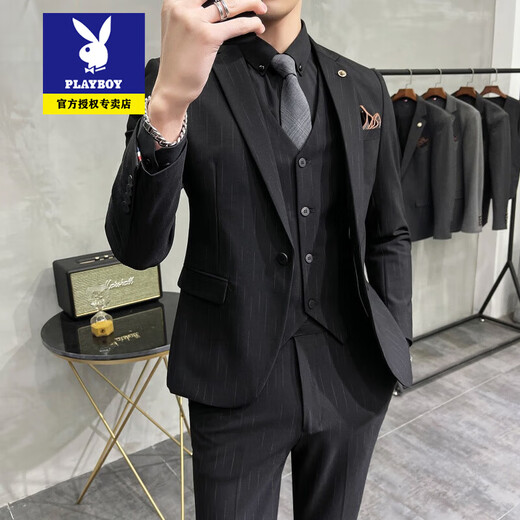 
Playboy suit men's suit trend Korean slim-fit British groom wedding dress business occupation black casual suit 1 dark gray texture 9905 suit + trousers + vest with white shirt 2XL 54/145Jin [Jin equals 0.5 kg] wear