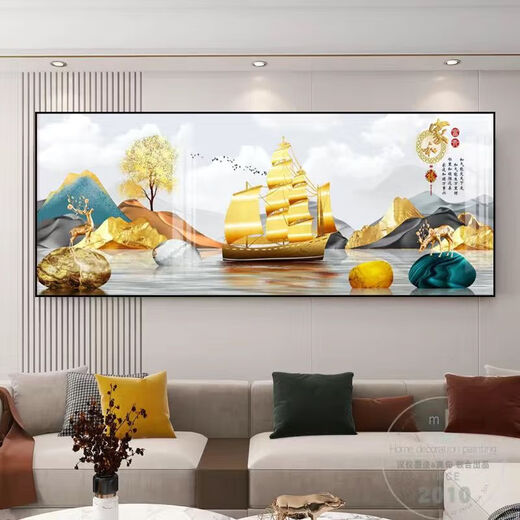 Jihe Wanshixing Kreuzstich fertiges Wohnzimmer hängen mit Rahmen Horizontale Einzellandschaft Neues chinesisches Stil Landschaftslandschafts Sand XL-679 Rahmen 50*180 cm Flachkristall Porzellanmalerei