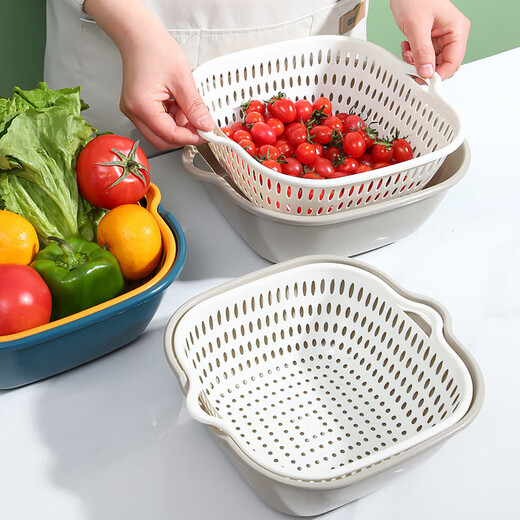 Double-layered vegetable sink drain basket fruit plate spit bone dish living room home kitchen fruit basket rounded medium gray white drain net plus basin