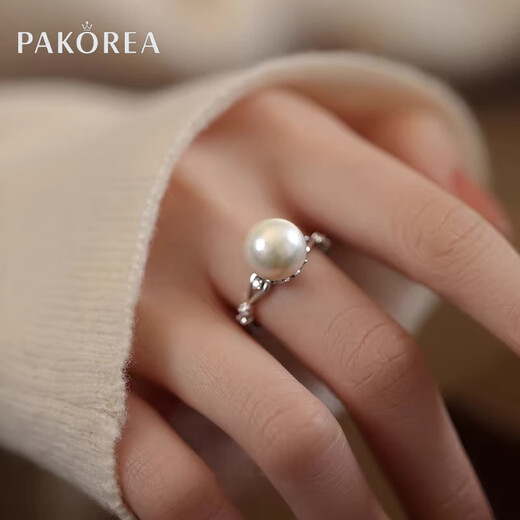 PAKOREA light luxury brand ring for women, nearly perfect round freshwater pearl open ring, Chinese Valentine's Day gift for girlfriend's birthday on Chinese Valentine's Day, freshwater pearl open ring