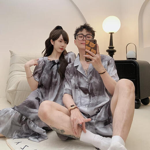 浪莎情侣夏季冰丝睡衣短袖大码感家居服 KAD13077 M 女+男L
