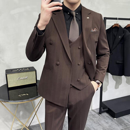 Jason men's double-breasted striped suit suit groom wedding dress business casual work interview suit three-piece suit dark brown (suit + pants) M (95-110Jin Jin equals 0.5 kg)