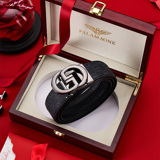 FALAMAONE品牌真牛皮男士皮带情人节裤腰带时尚商务潮流男友父亲节生日礼物 PD844枪色合金带扣 印花皮带【木盒包装】