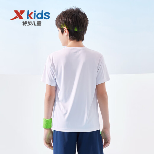 XTEP (XTEP) children's clothing for boys and girls solid color round neck reflective strip short-sleeved sweater pearl white 160
