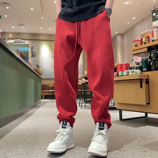 Kuraishi Kazuki 2025 Autumn and Winter New Men's Sweatpants Versatile Loose Solid Color Leg Sweatpants Trendy Embroidered Slim Casual Pants Red Regular XL 150-170Jin Jin is equal to 0.5 kg