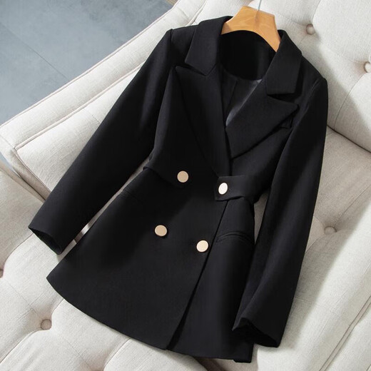 Woodpecker Black Suit Jacket Spring and Autumn New Style Waisted British Style Western Style Shoulder Padded Double Breasted Small Suit Women Black S