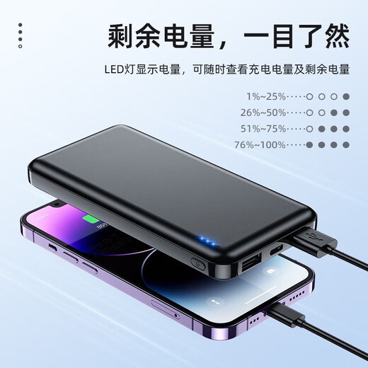 Mobile power supply 3C certified power bank 10000 mAh large capacity thin and portable tablet suitable for airplanes suitable for Apple Android Huawei Xiaomi Honor 10000mAh black
