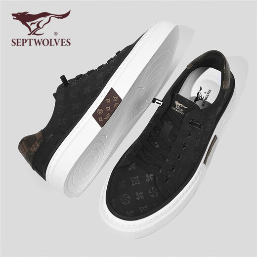 Siete lobos zapatos para hombres verano 2025 nuevos zapatos de tablero zapatos de lienzo para hombres espesas zapatos casuales versátiles de hombres transpirables zapatos para hombres versátiles zapatos planos negros 39 (245 mm) [talla de zapato de cuero estándar]