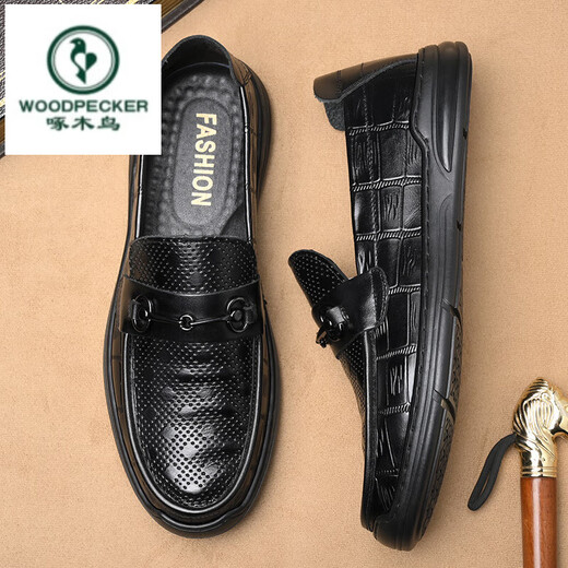 Woodpecker 2025 summer new men's shoes one-foot leather shoes men's soft-soled lazy shoes men's casual shoes internet celebrity beans shoes men 826 black [Holved foot cover] 38