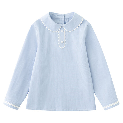 Hajihaji children's clothing spring and autumn children's long-sleeved tops blue skin-friendly cotton striped shirts girls small shirts medium and large children blue 170