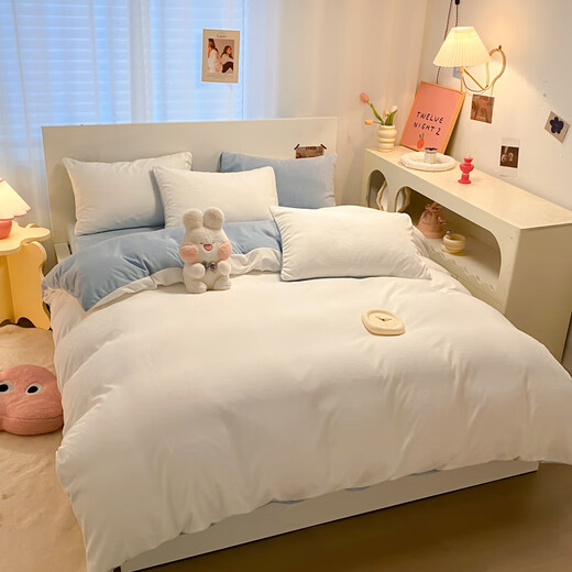 Lady Laura Fuanna's Class A milk velvet bed four-piece winter double-sided velvet thickened coral velvet quilt cover customized milk white + baby blue - sheet style 1.8m bed sheet four-piece quilt cover 200*230
