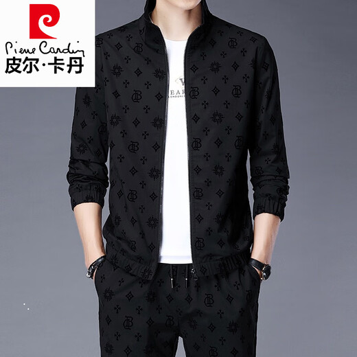 皮尔卡丹（pierre cardin）春秋新款高端品牌夹克套装男士青年休闲运动套装男潮流外套衣服 6629-黑色 2XL 180