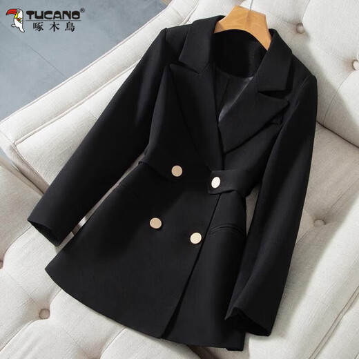 Woodpecker Black Suit Jacket Spring and Autumn New Style Waisted British Style Western Style Shoulder Padded Double Breasted Small Suit Women Black S